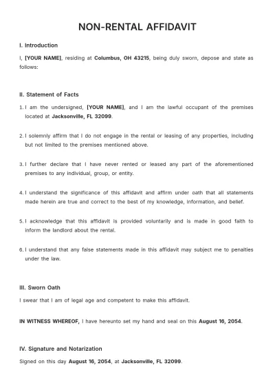 Free Non-Rental Affidavit Template to Edit Online