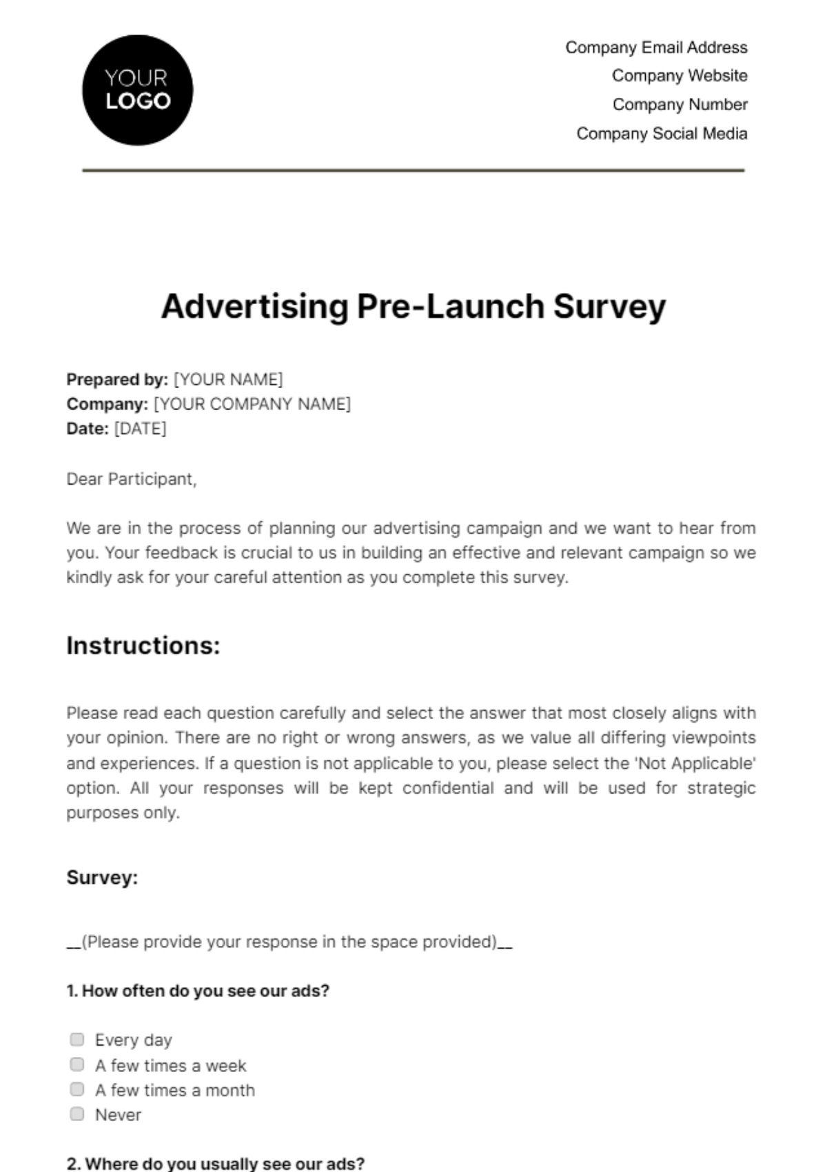Free Advertising Pre-Launch Survey Template