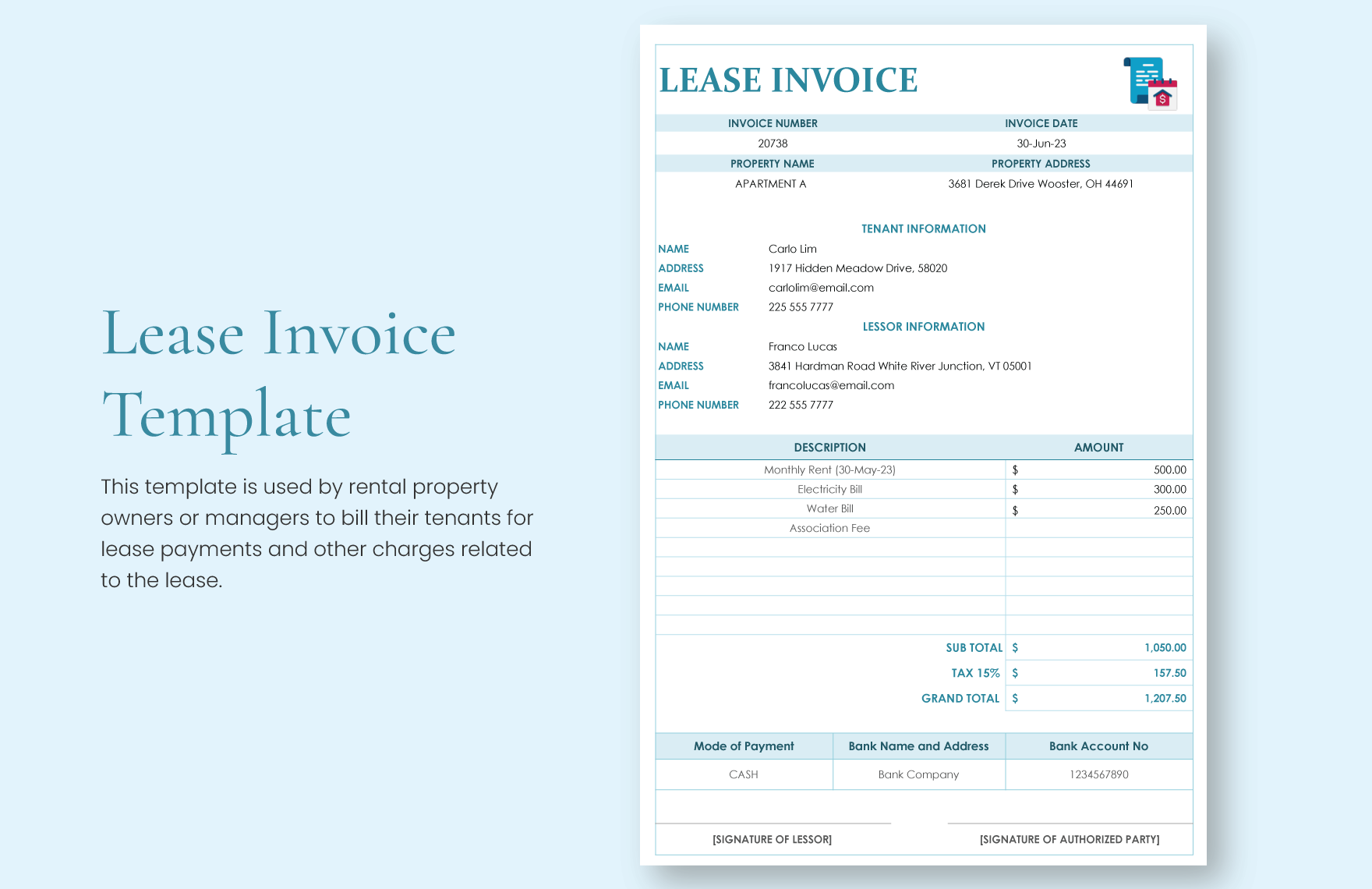 Lease Invoice Template in Word, Google Docs, Excel, PDF, Google Sheets, Apple Pages, Apple Numbers