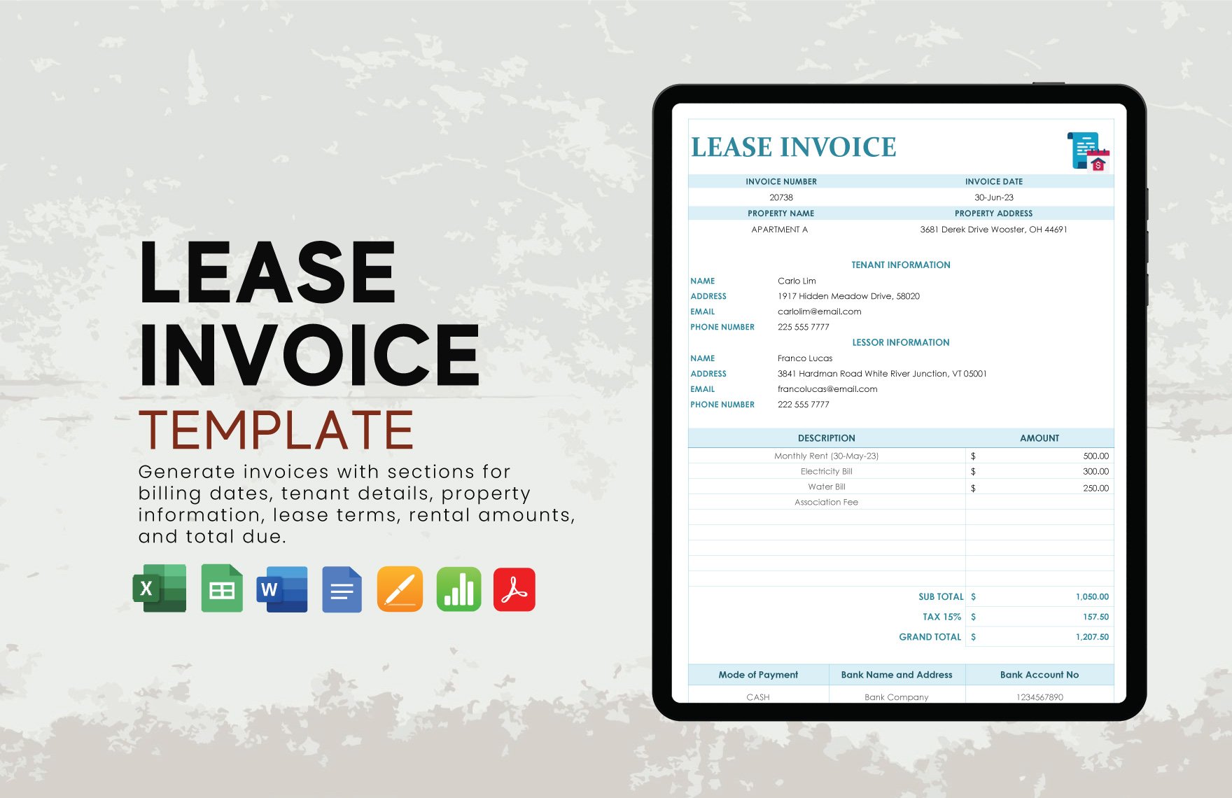 Lease Invoice Template in Word, Apple Numbers, Apple Pages, Google Docs, PDF, Excel, Google Sheets - Download | Template.net