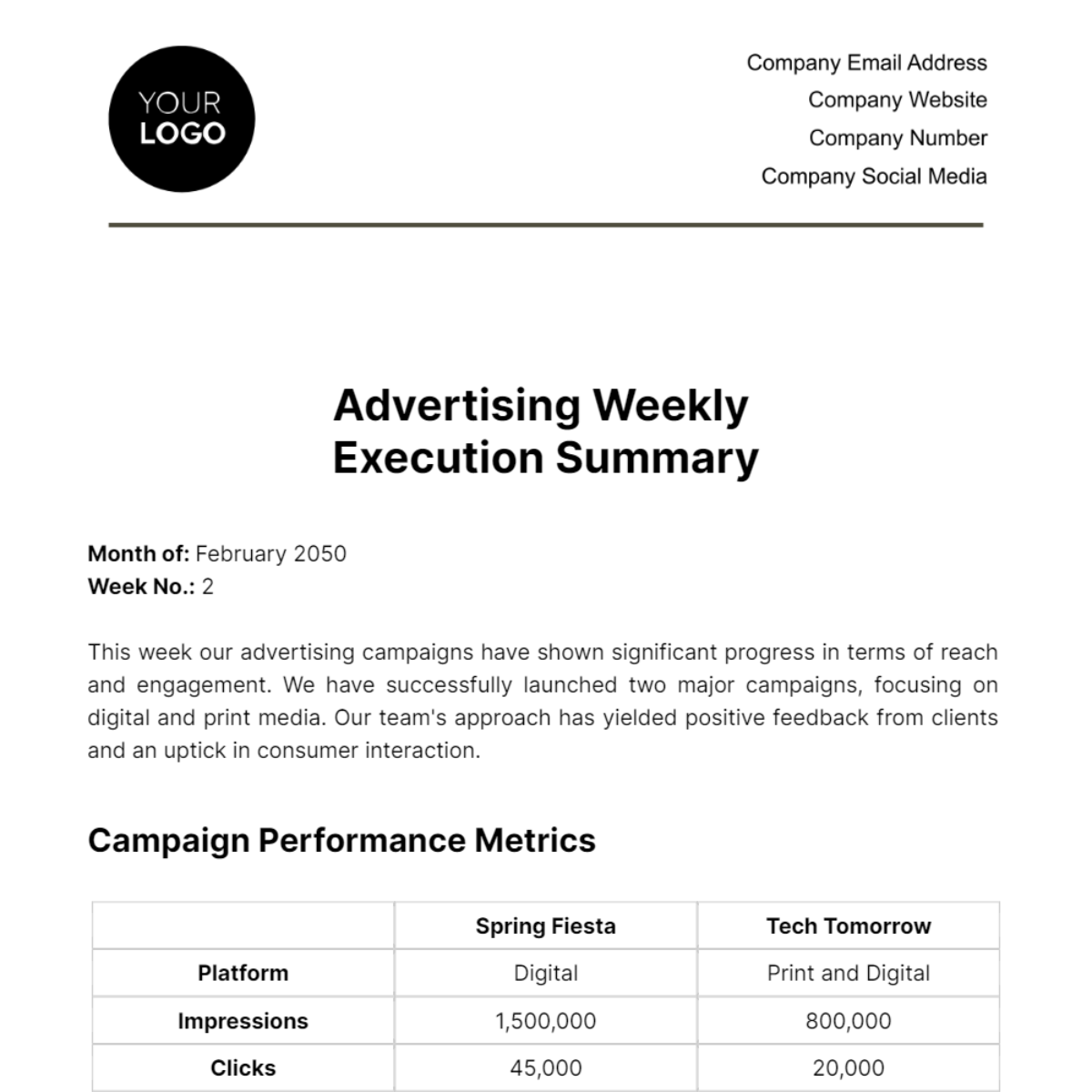 Advertising Weekly Execution Summary Template