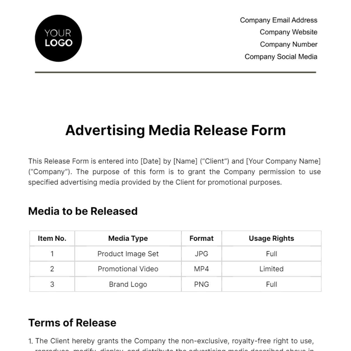 Advertising Media Release Form Template