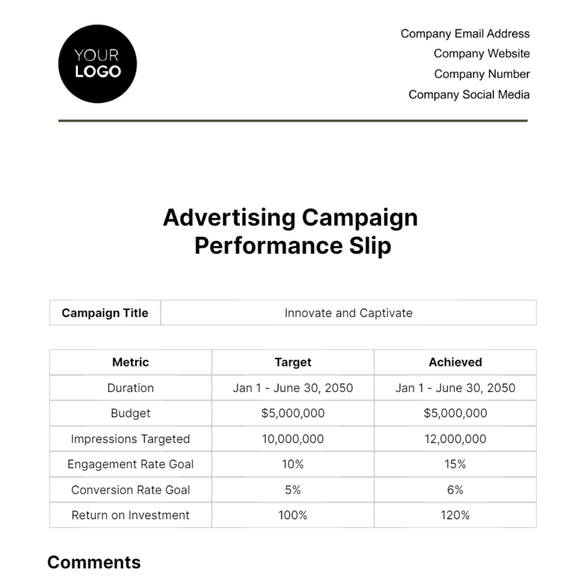 Advertising Campaign Performance Slip Template