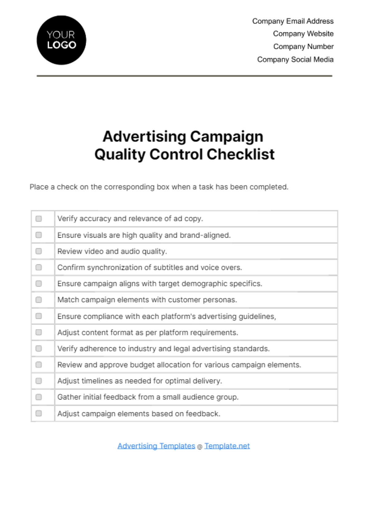 Advertising Campaign Quality Control Checklist Template