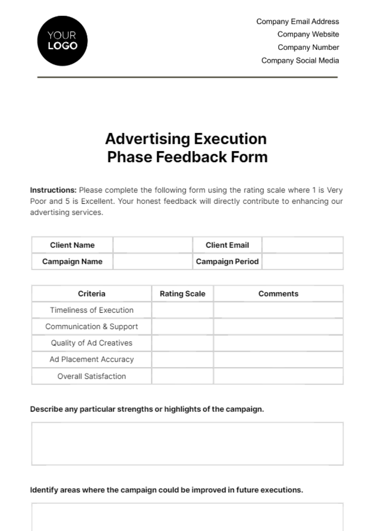 Advertising Execution Phase Feedback Form Template