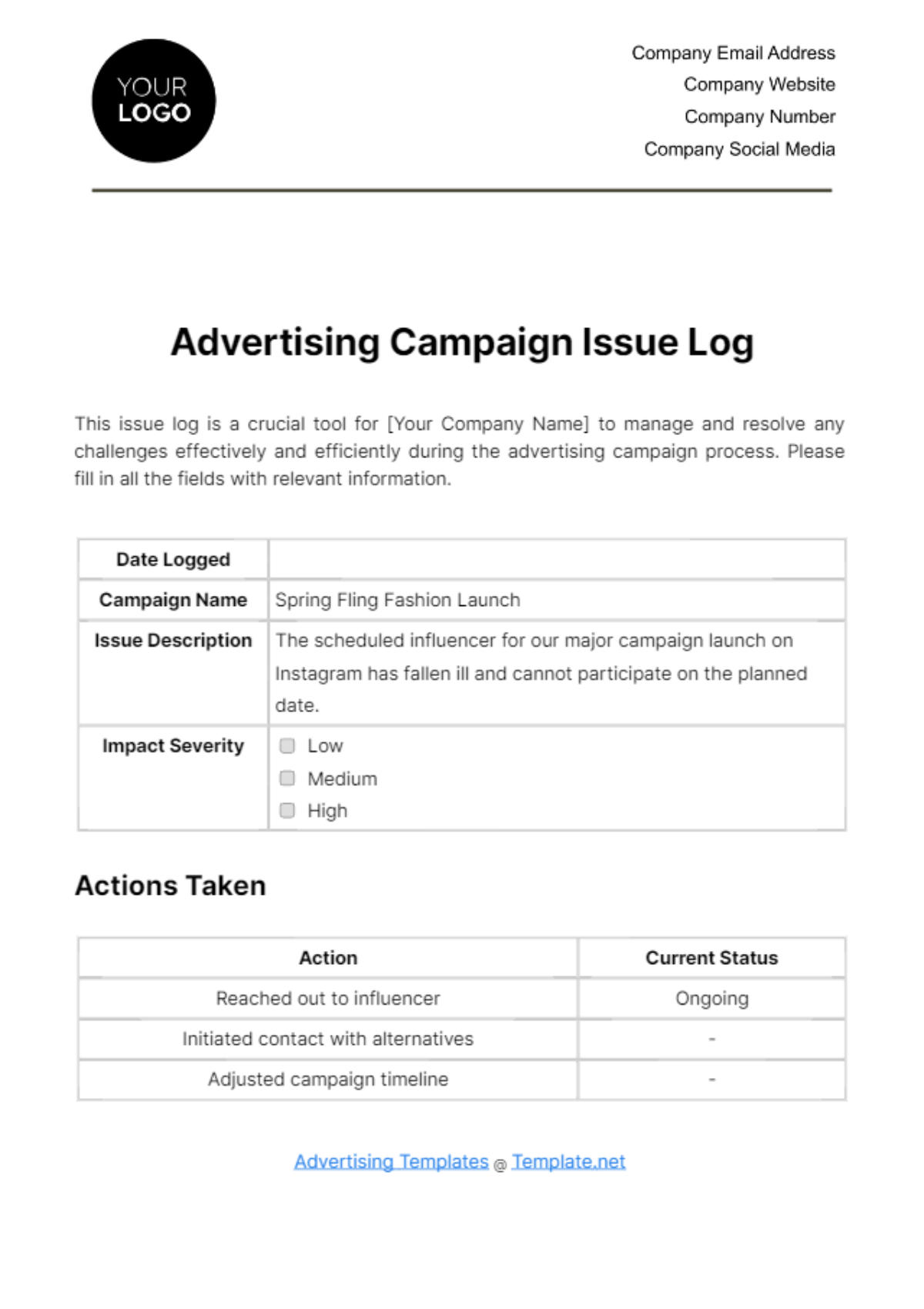 Free Advertising Campaign Issue Log Template