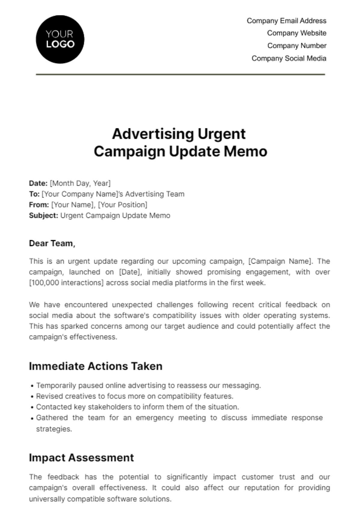 Advertising Urgent Campaign Update Memo Template