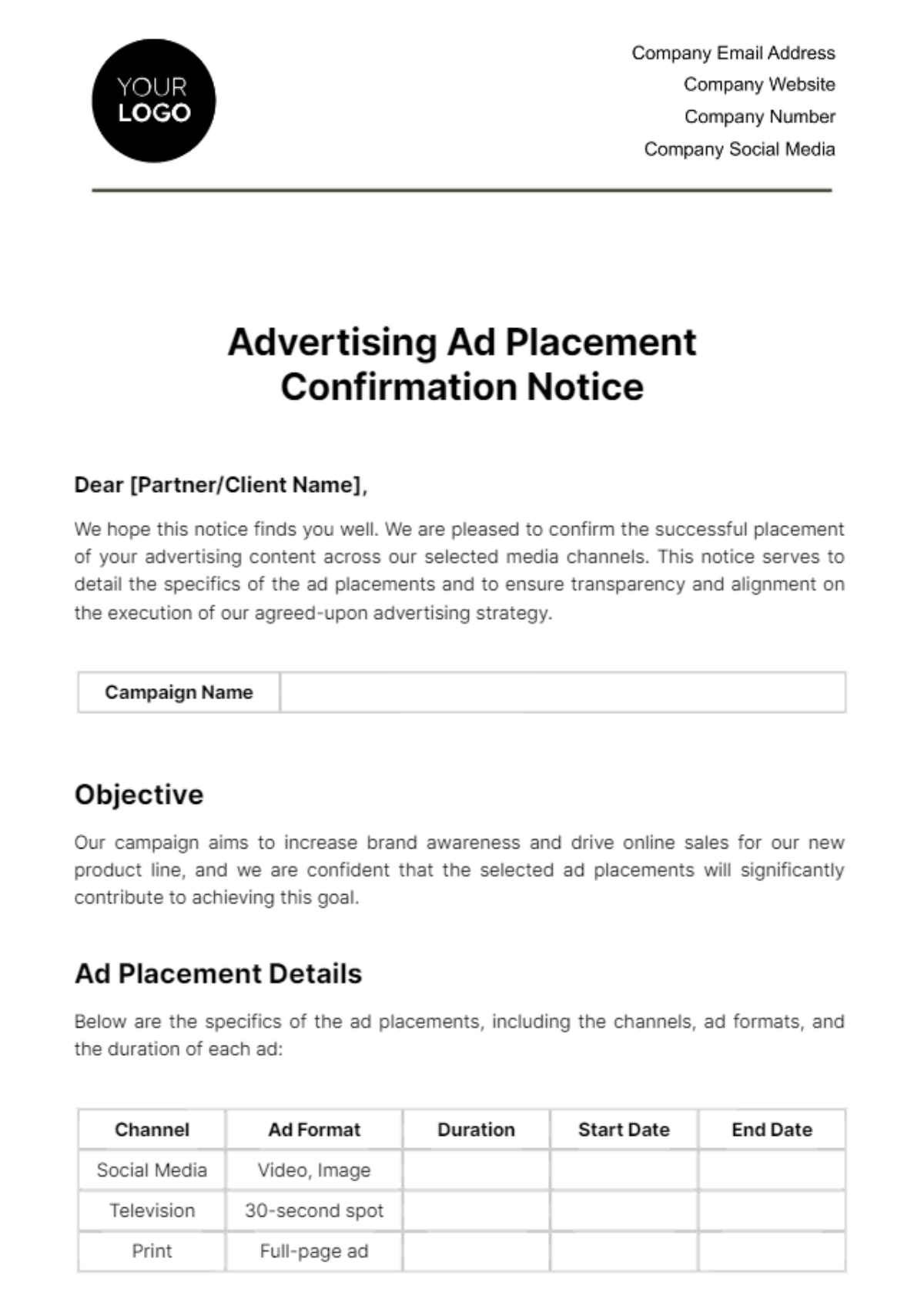 Free Advertising Ad Placement Confirmation Notice Template
