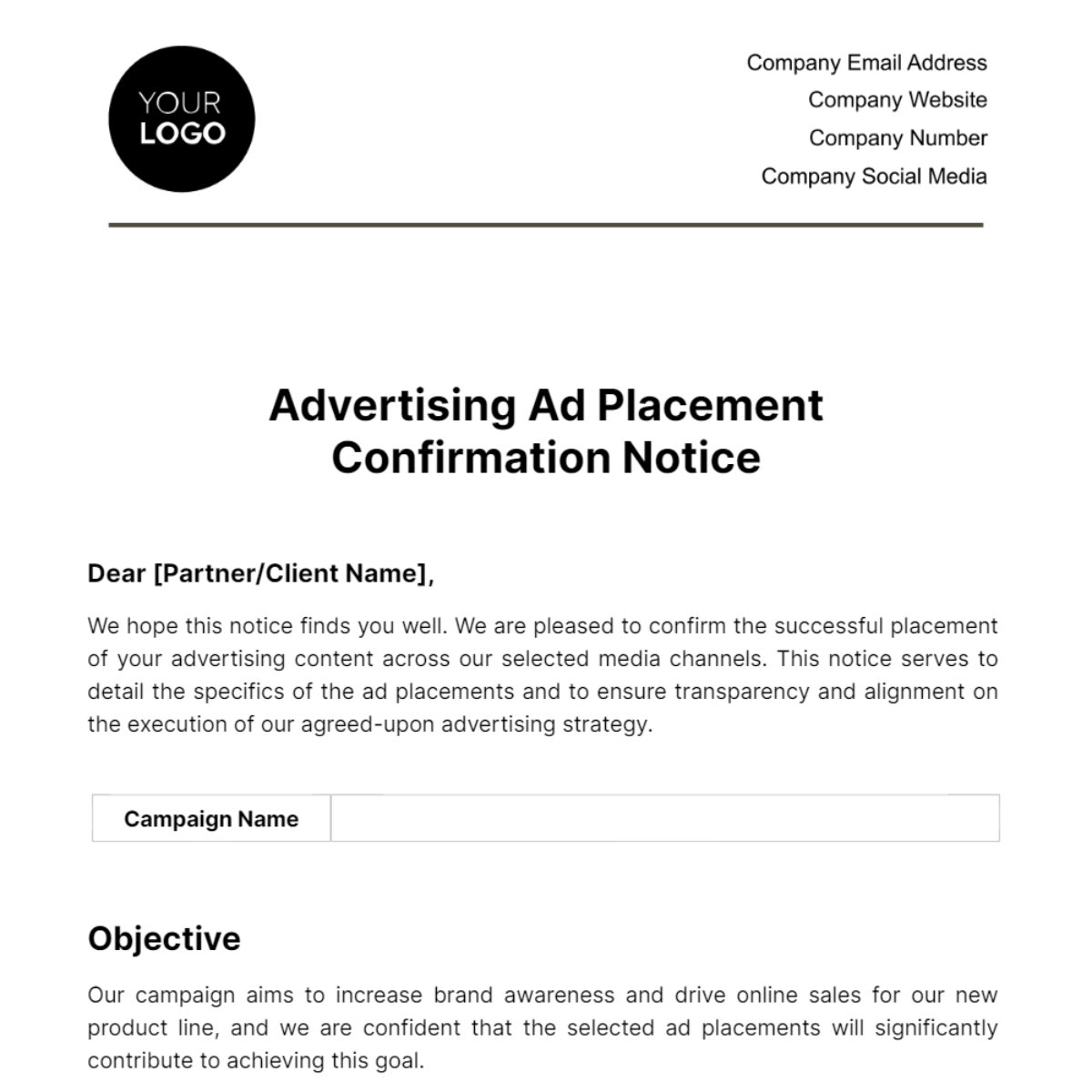 Advertising Ad Placement Confirmation Notice Template