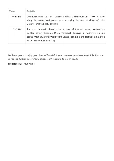 Free 1 Day Toronto Itinerary Template to Edit Online
