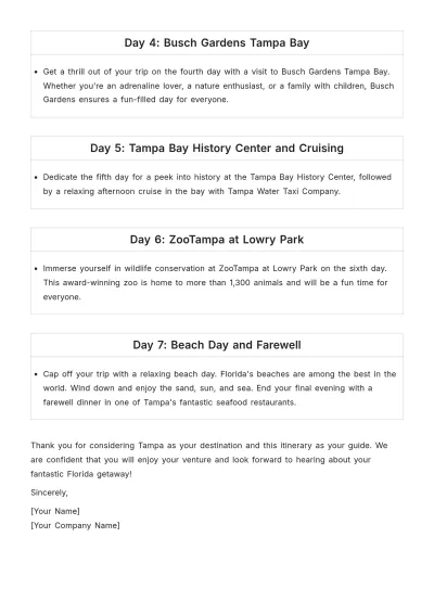Free Tampa Itinerary Template to Edit Online