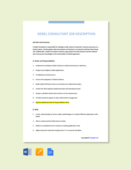 Free Siebel Consultant Job Description Template Word Doc Google Docs