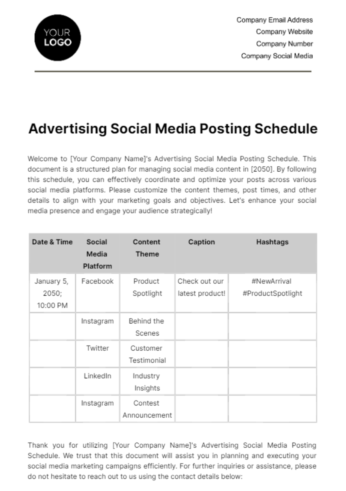 Free Advertising Social Media Posting Schedule Template