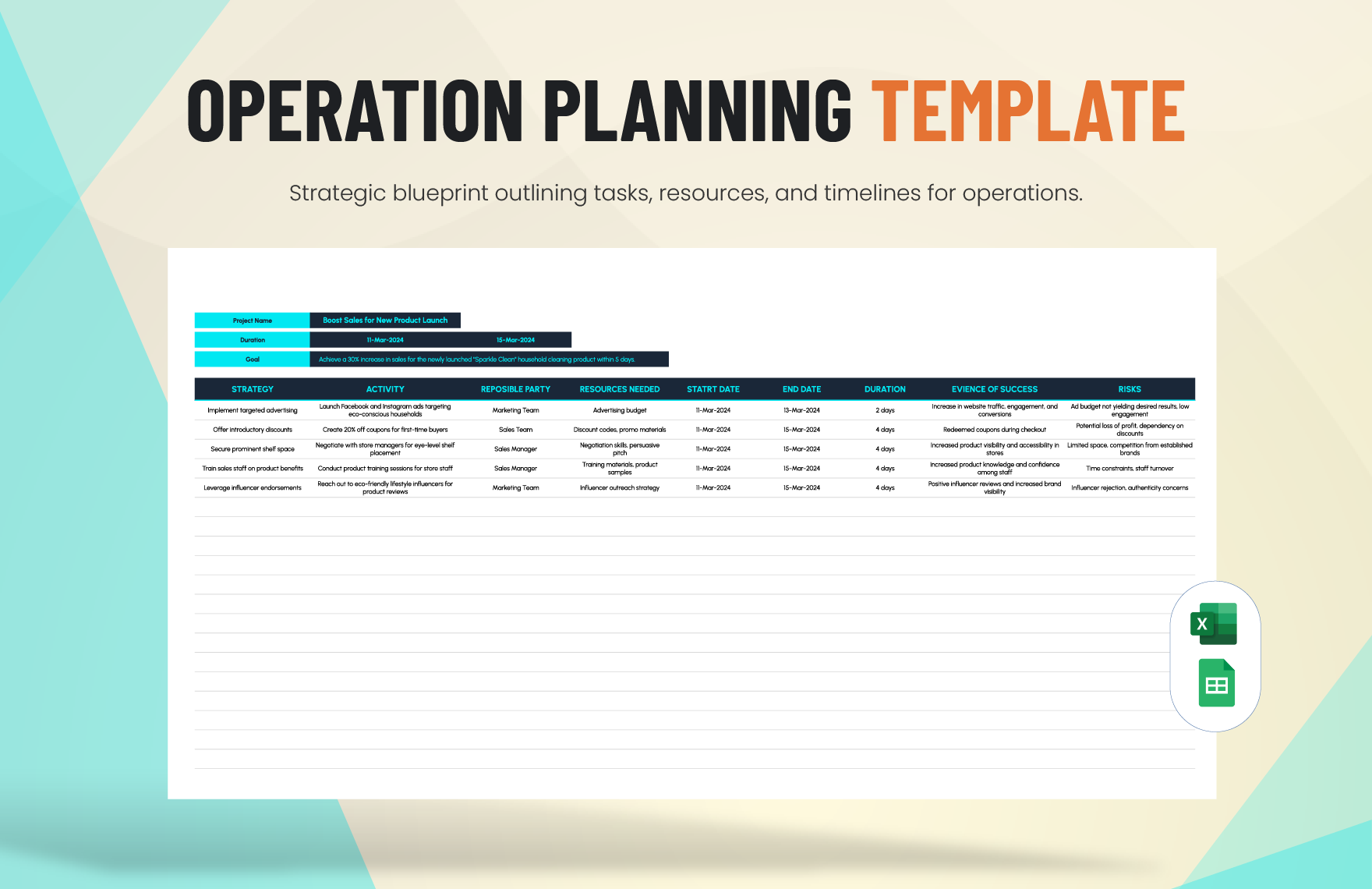 Operation Planning Template in Excel, Google Sheets