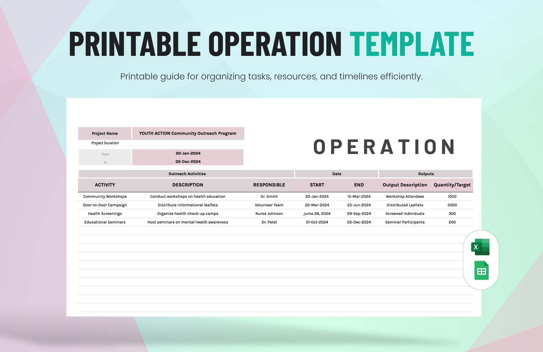Printable Operation Template in Excel, Google Sheets