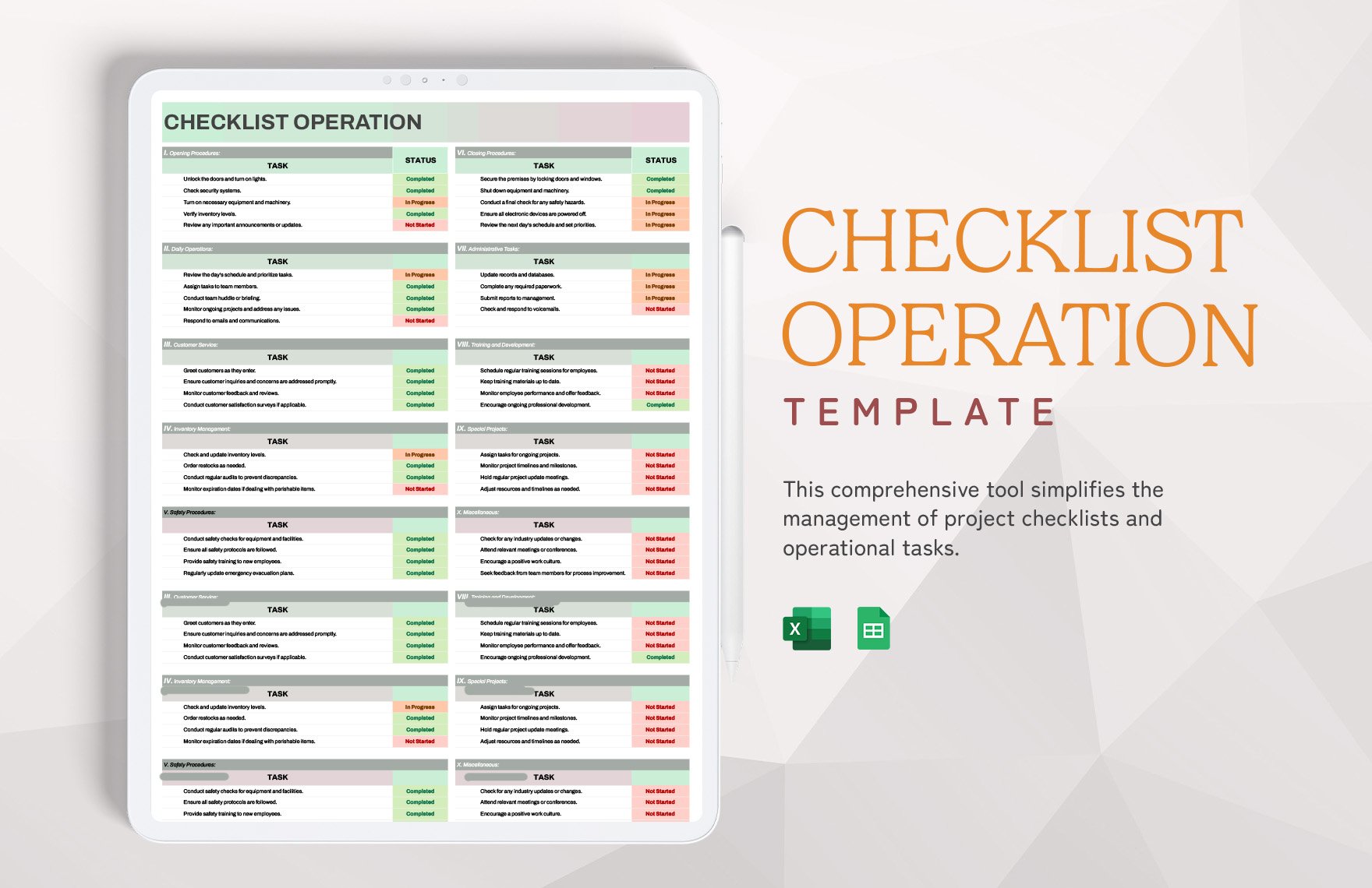 Checklist Operation Template in Excel, Google Sheets