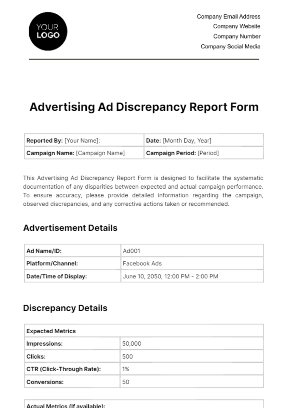 Advertising Ad Discrepancy Report Form Template