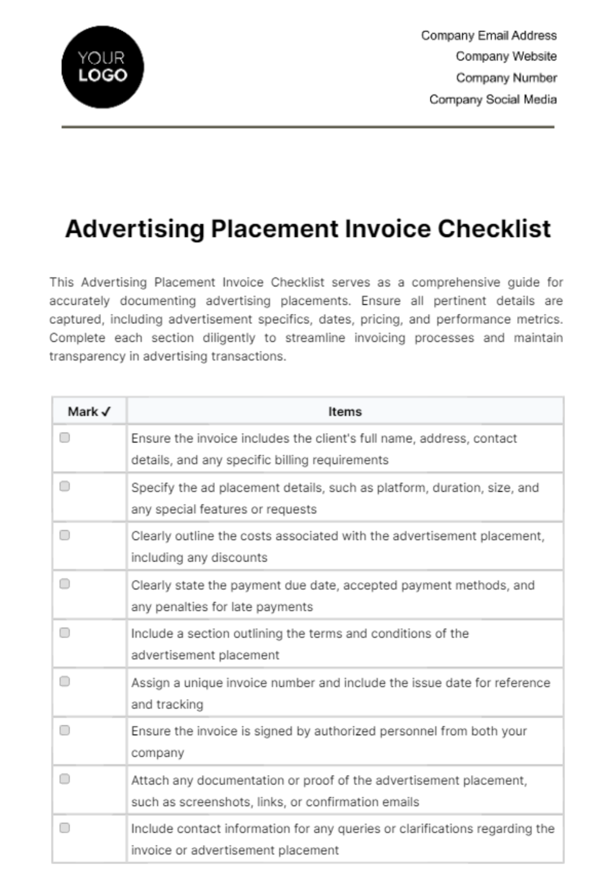 Free Advertising Placement Invoice Checklist Template