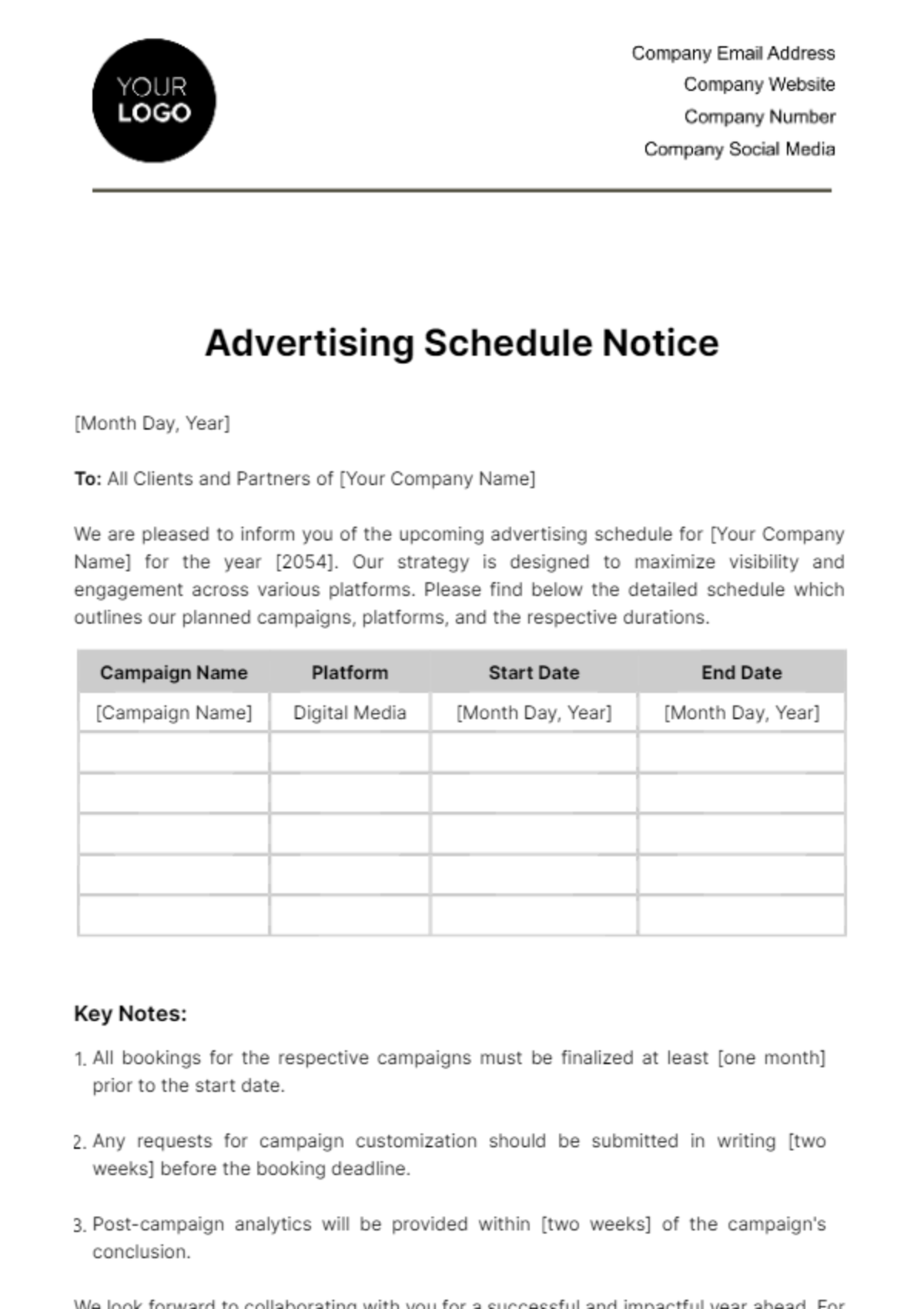 Advertising Schedule Notice Template