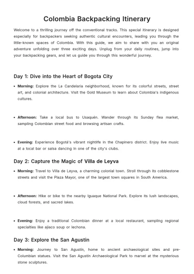 Free Colombia Backpacking Itinerary Template to Edit Online