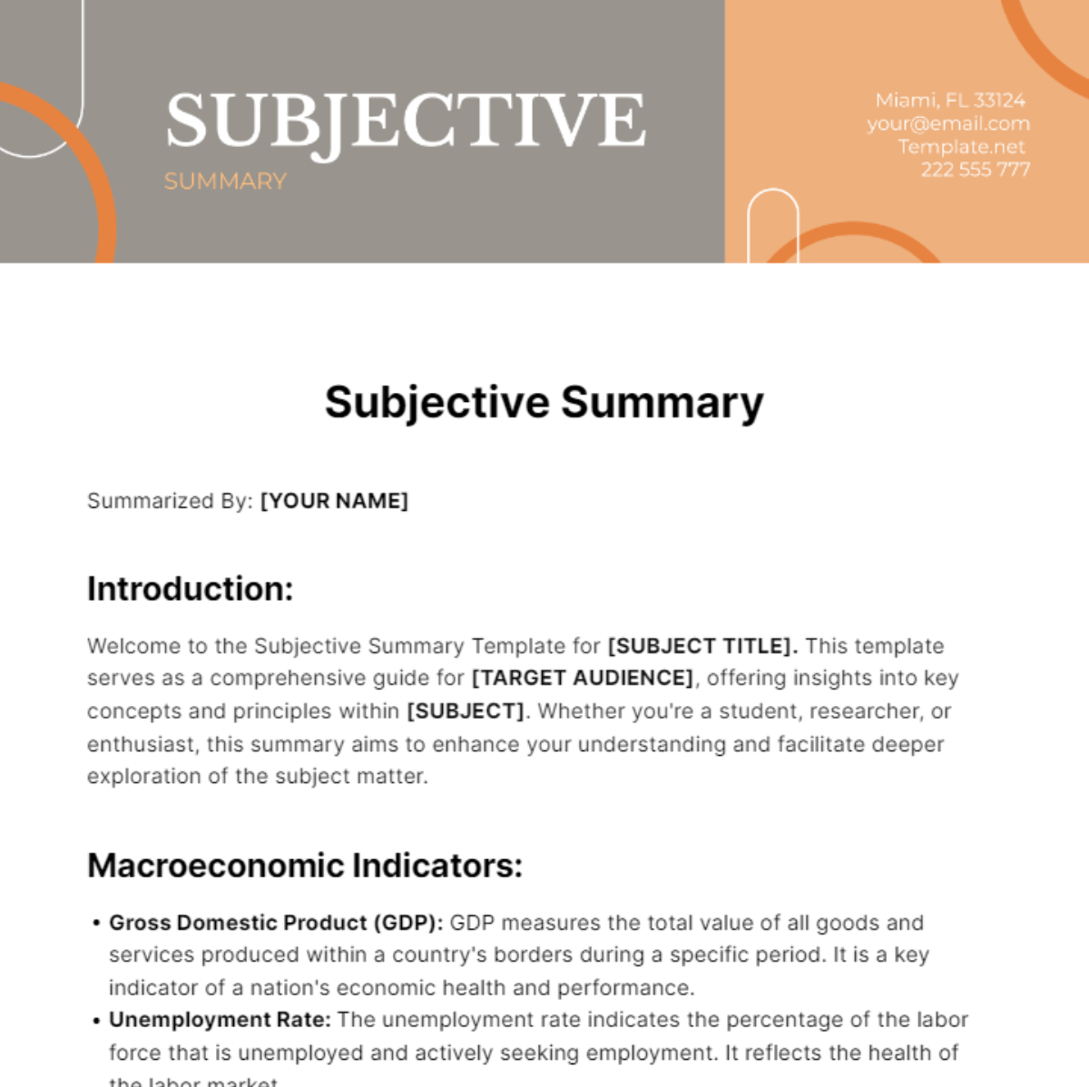 Subjective Summary Template