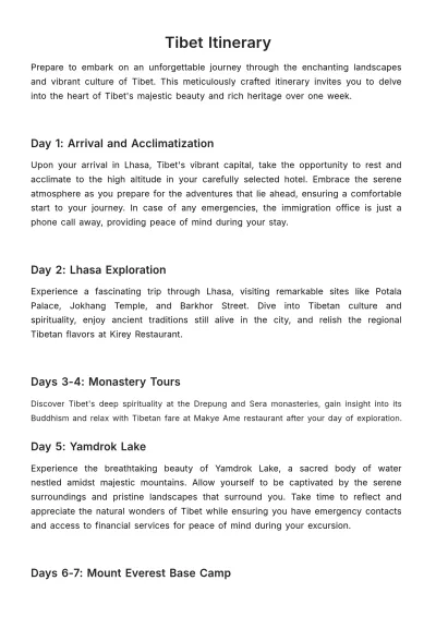 Free Tibet Itinerary Template to Edit Online