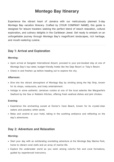 Free Montego Bay Itinerary Template to Edit Online