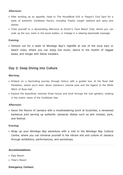 Free Montego Bay Itinerary Template to Edit Online