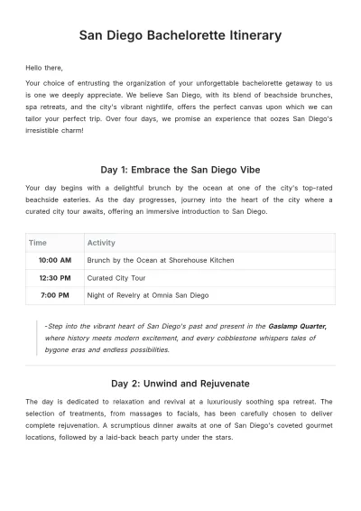 Free San Diego Bachelorette Itinerary Template to Edit Online