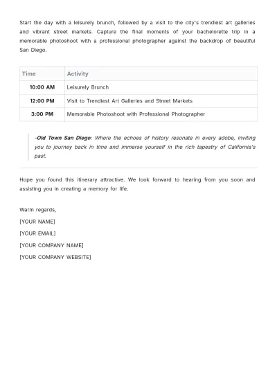 Free San Diego Bachelorette Itinerary Template to Edit Online