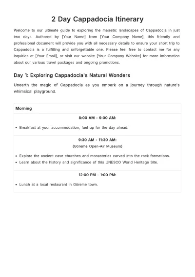 Free 2 Day Cappadocia Itinerary Template to Edit Online