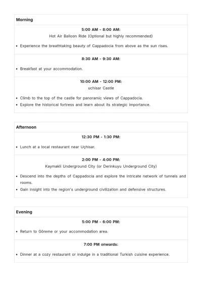 Free 2 Day Cappadocia Itinerary Template to Edit Online