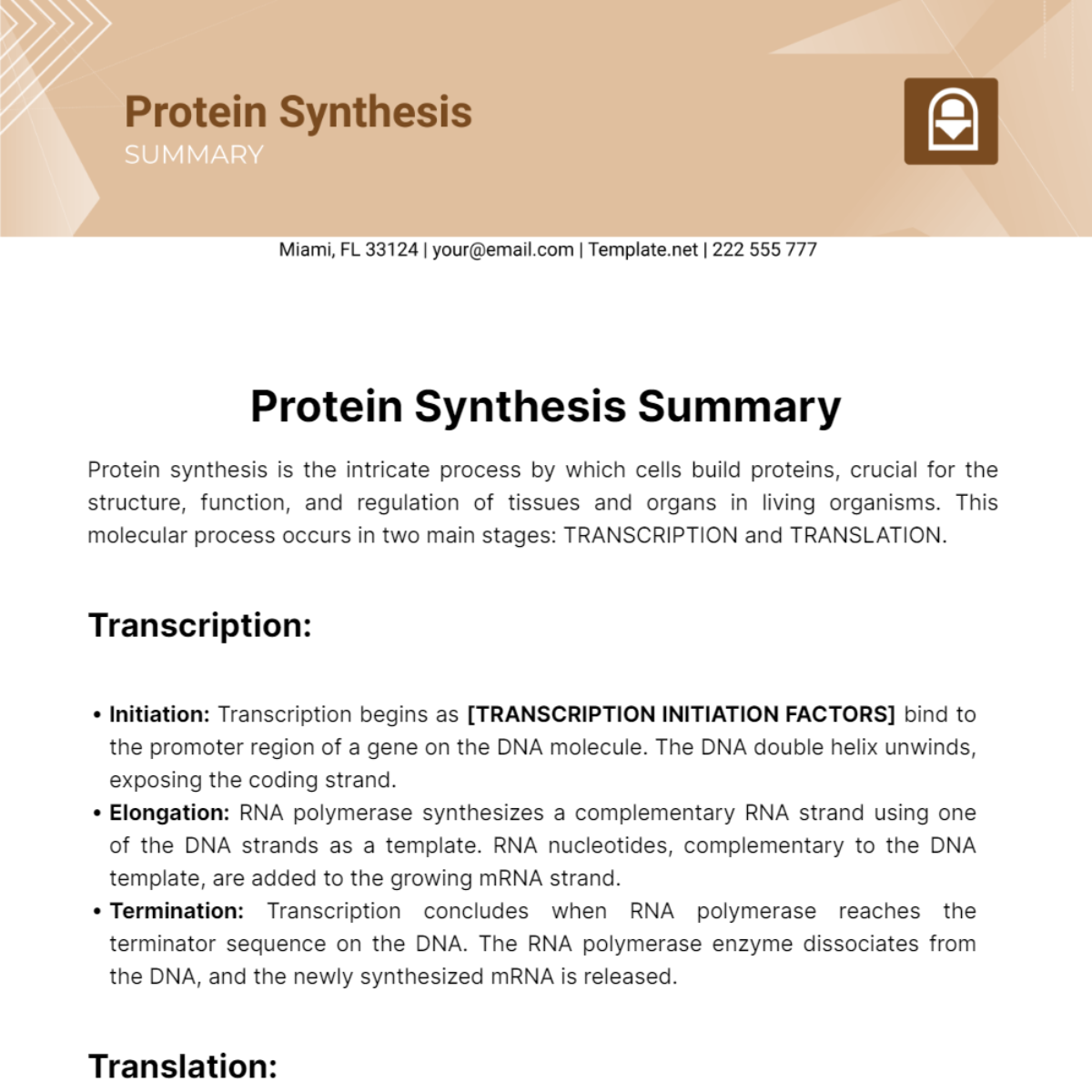 Protein Synthesis Summary Template