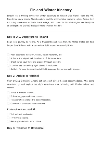 Free Finland Winter Itinerary Template to Edit Online