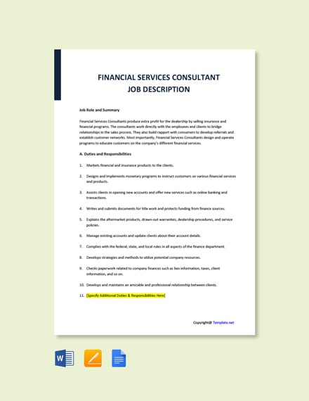 Financial services consultant job description
