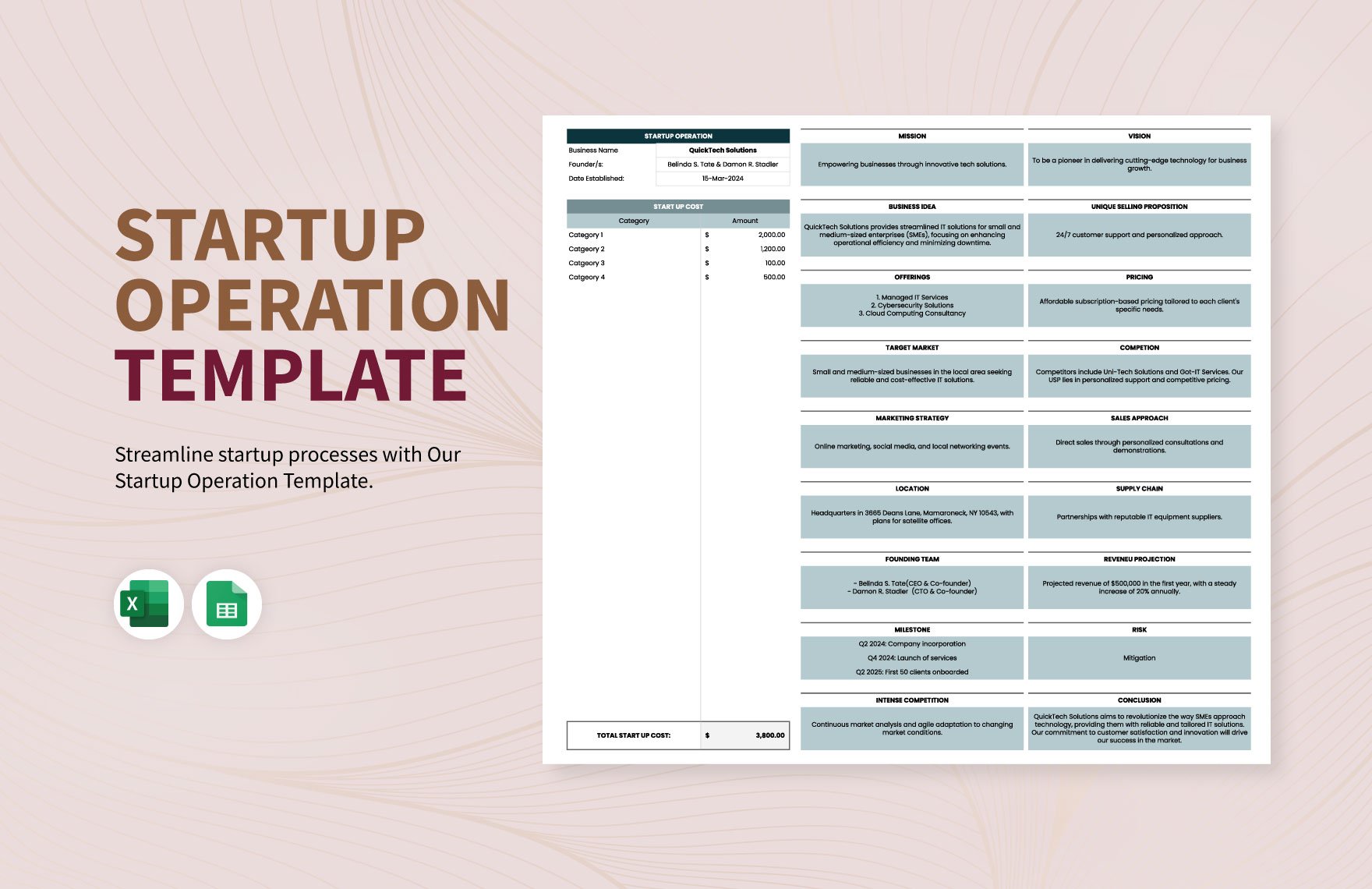 Startup Operation Template in Excel, Google Sheets