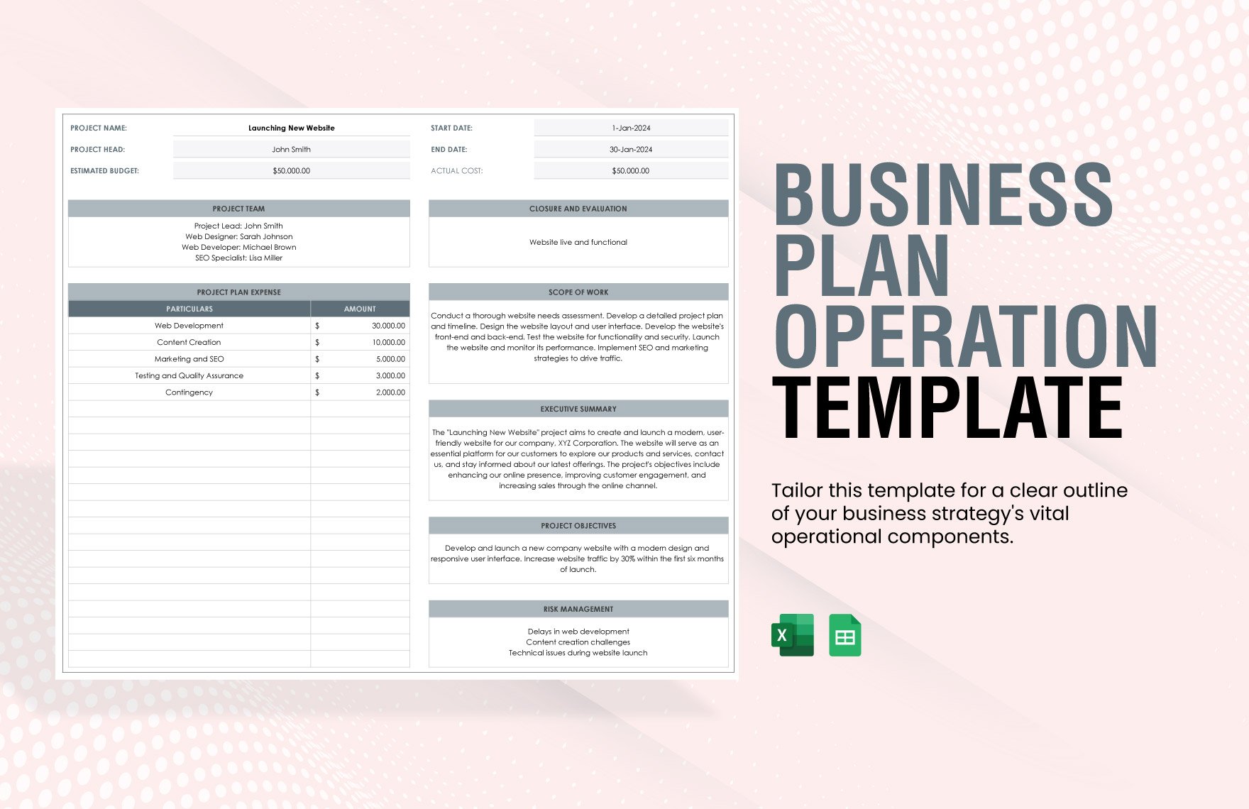 Business Plan Operation Template in Excel, Google Sheets