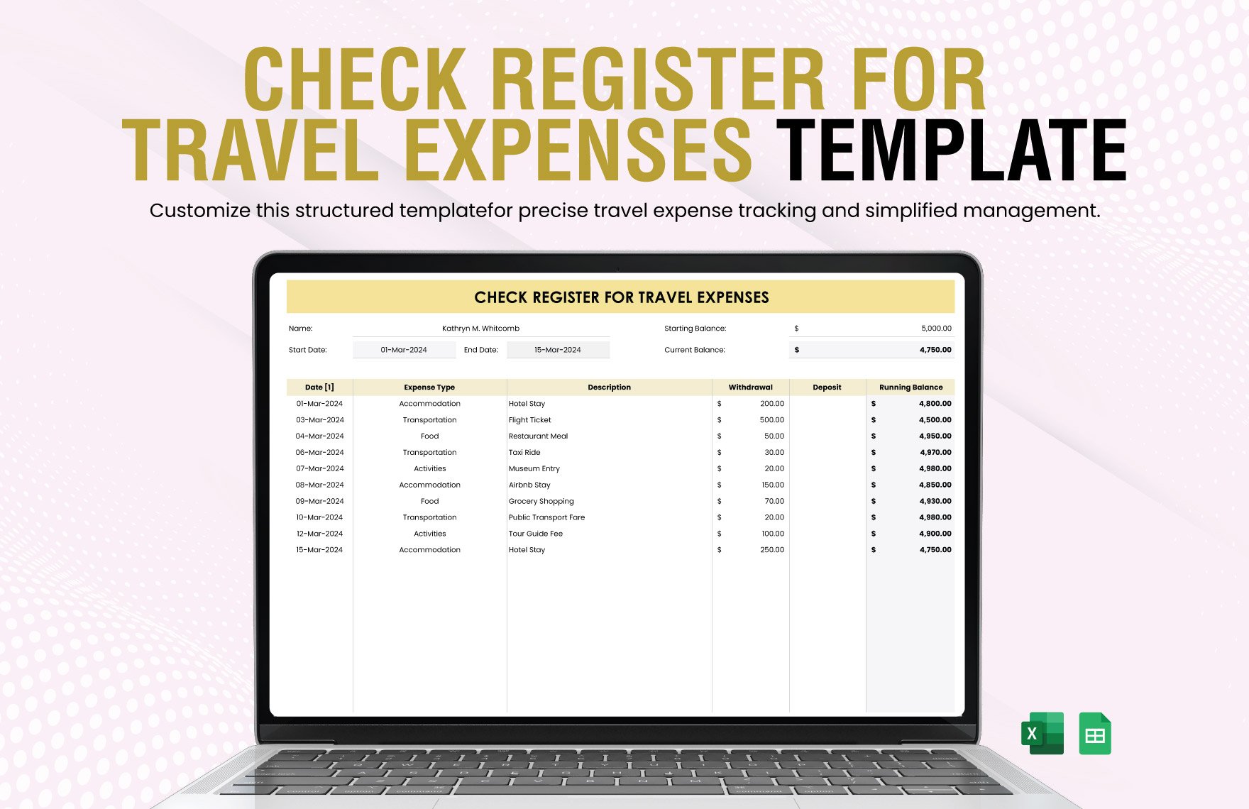 Check Register for Travel Expenses Template in Excel, Google Sheets