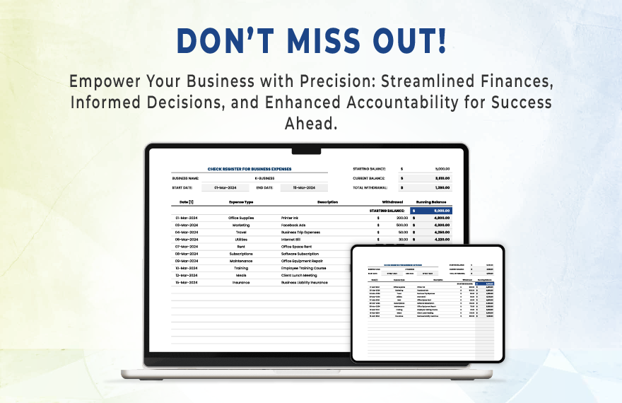 Check Register for Business Expenses Template