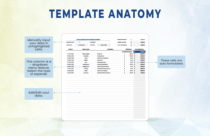 Check Register for Business Expenses Template