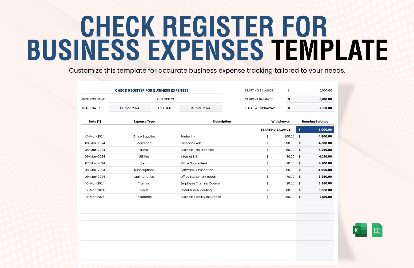 Check Register for Business Expenses Template