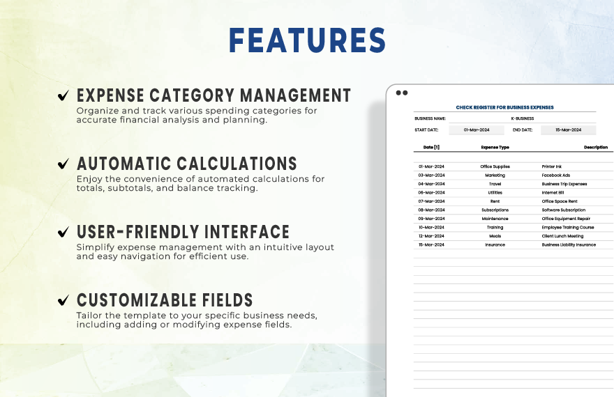 Check Register for Business Expenses Template