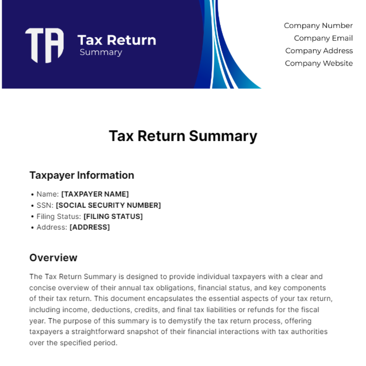 Tax Return Summary Template
