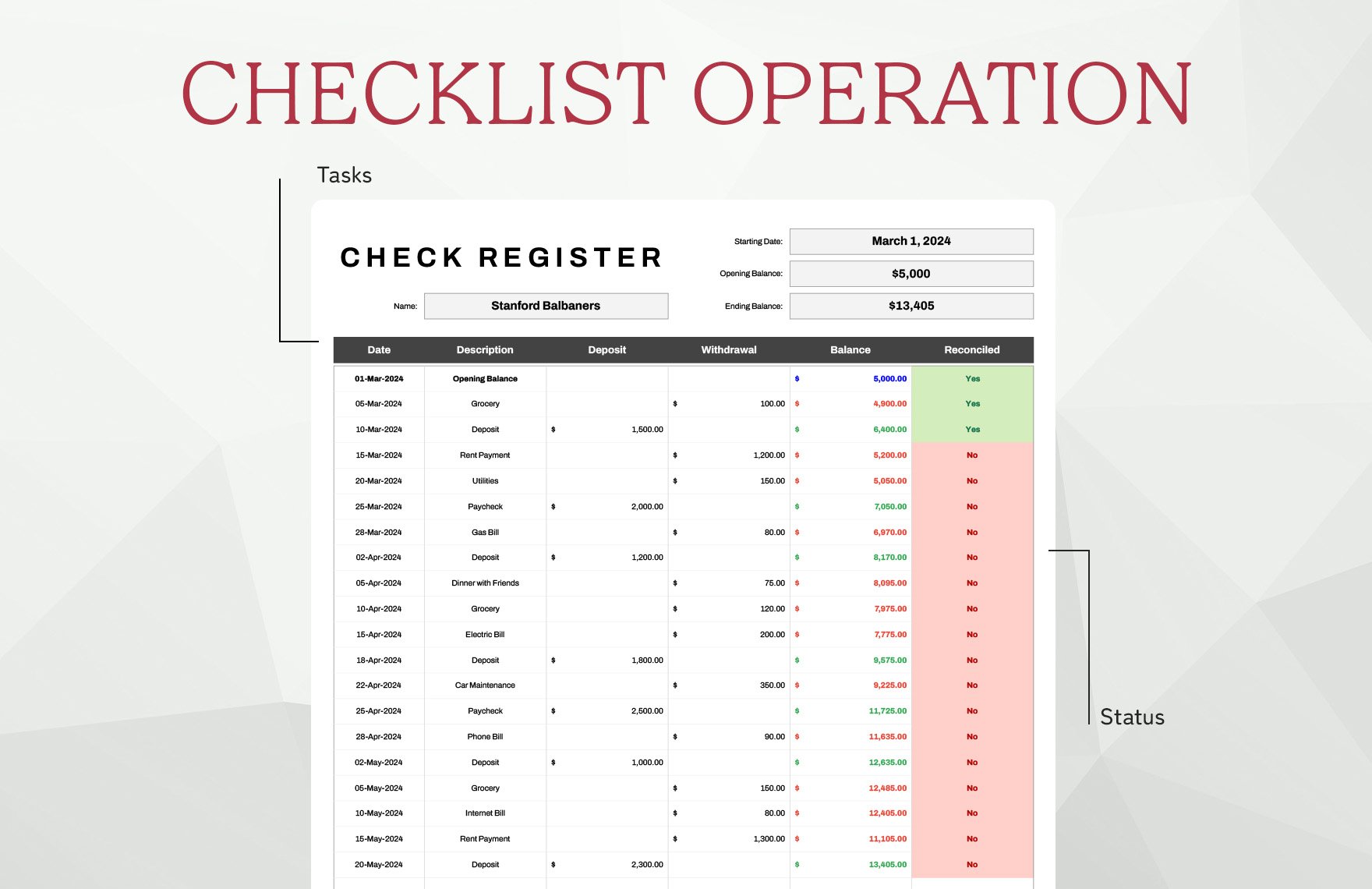 Check Register with Reconciliation Template