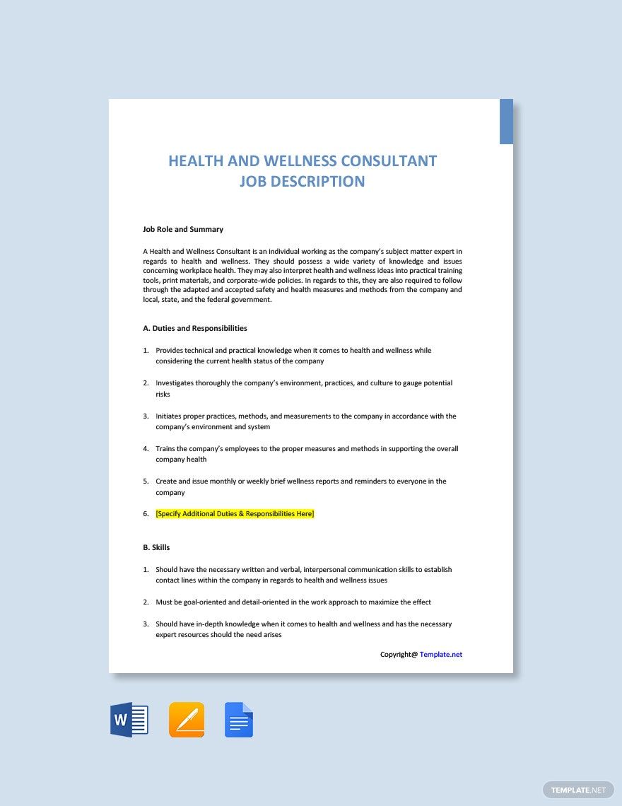 Health And Wellness Consultant Job Description