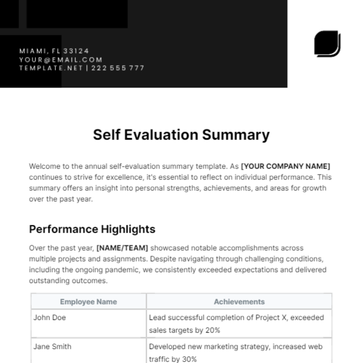Free Self Evaluation Summary Template