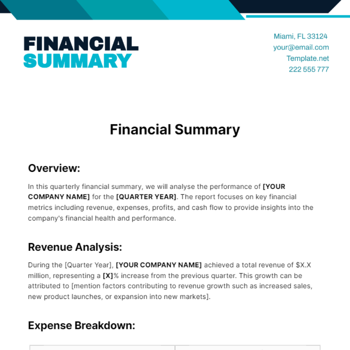 Financial Summary Template