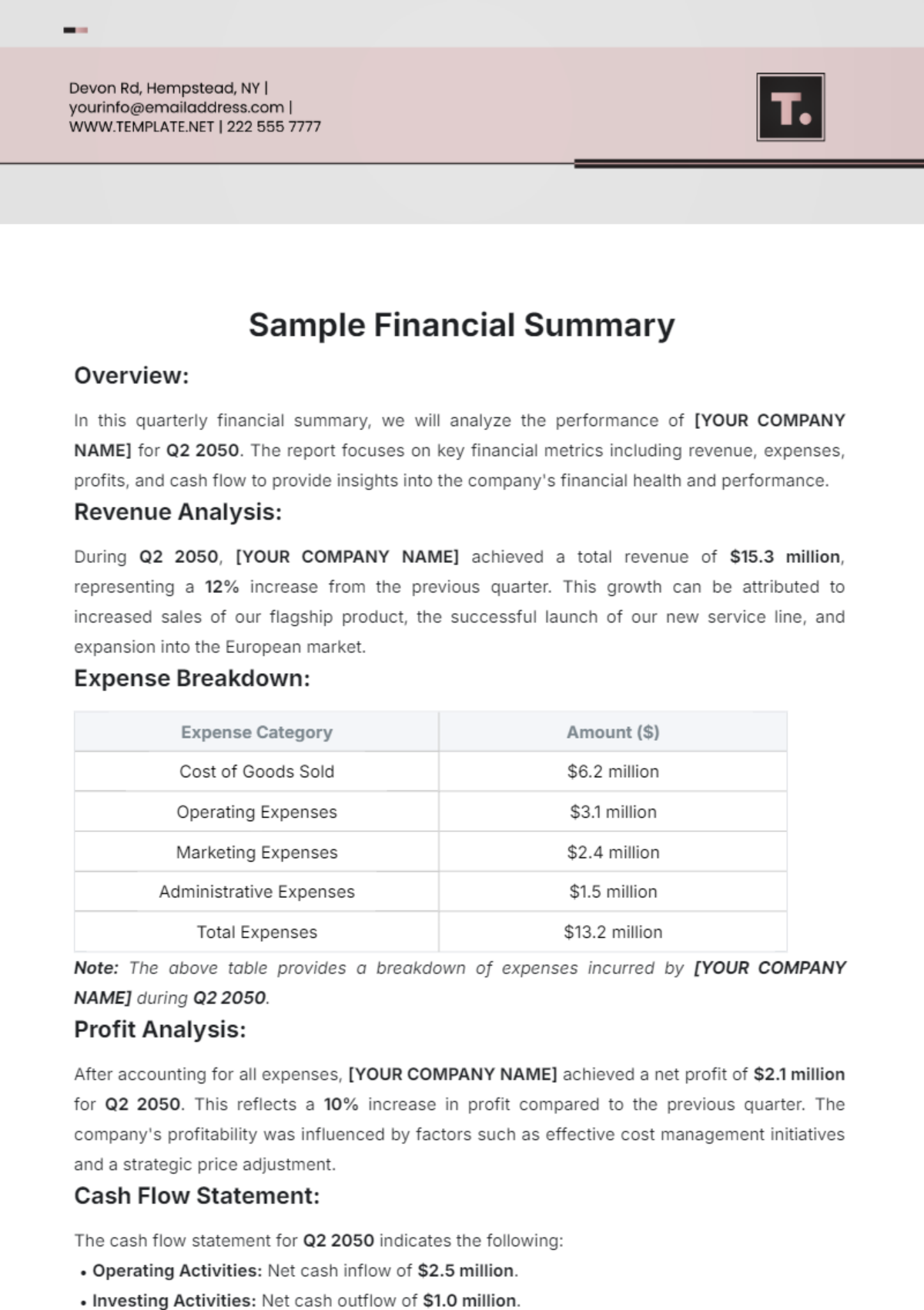 Sample Financial Summary Template - Edit Online & Download