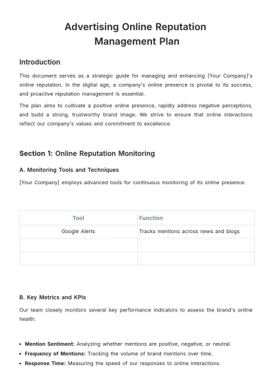 Free Advertising Online Reputation Management Plan Template to Edit Online