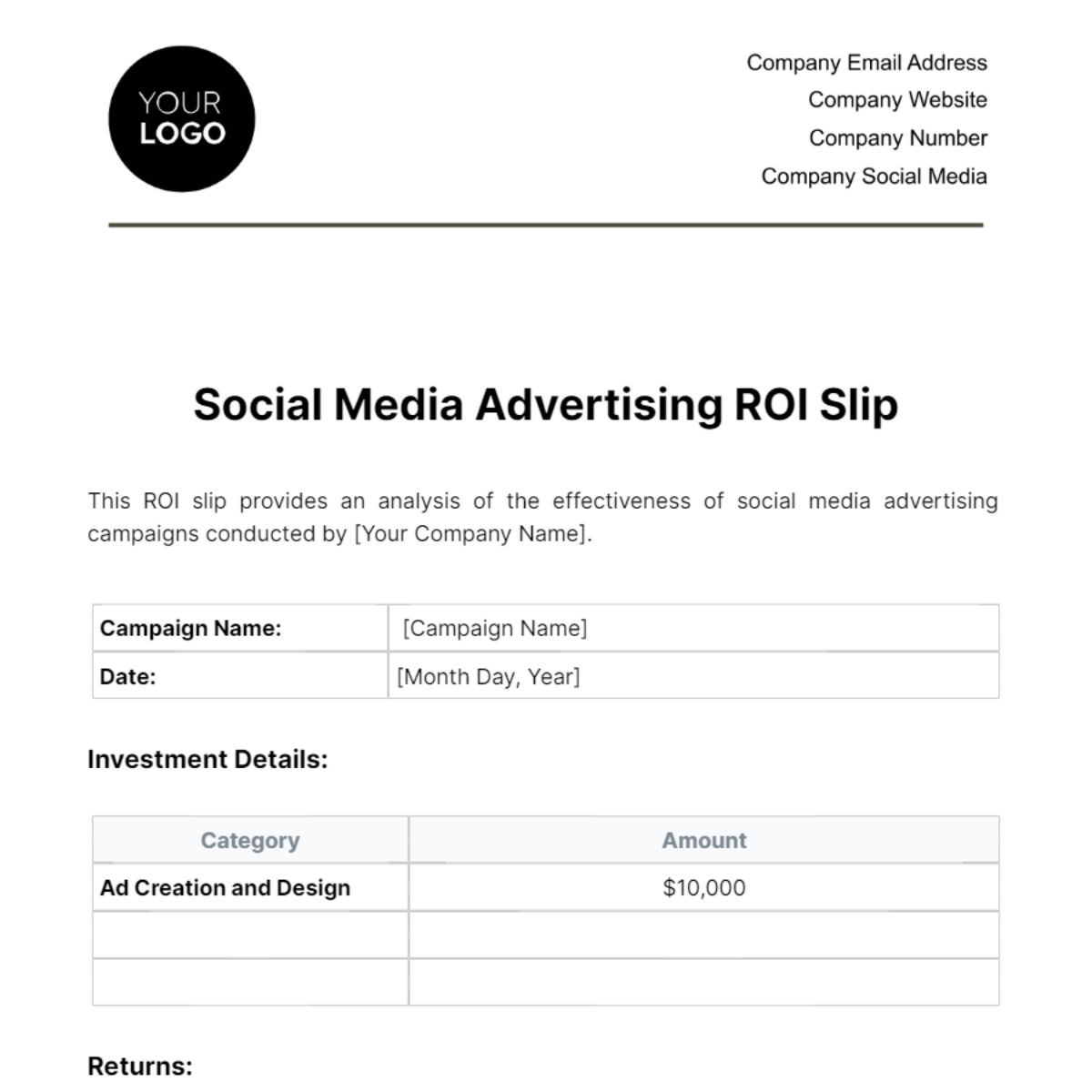 Social Media Advertising ROI Slip Template